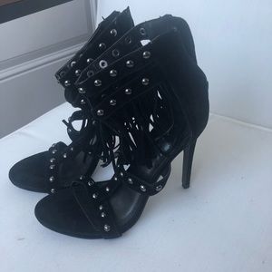 Black suede fringe heels with stud detail - size 7